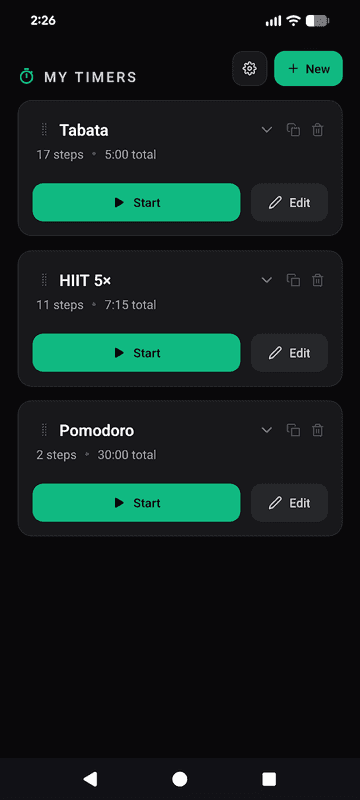 Steps & Repeat home screen showing saved interval timers