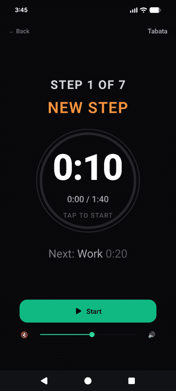 Steps & Repeat timer screen at the start of a workout