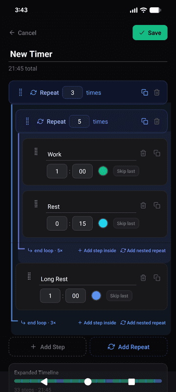 Steps & Repeat workout editor with steps and repeat groups